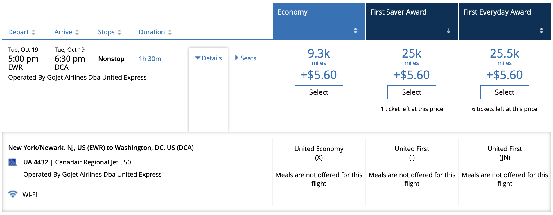 United award EWR to DCA
