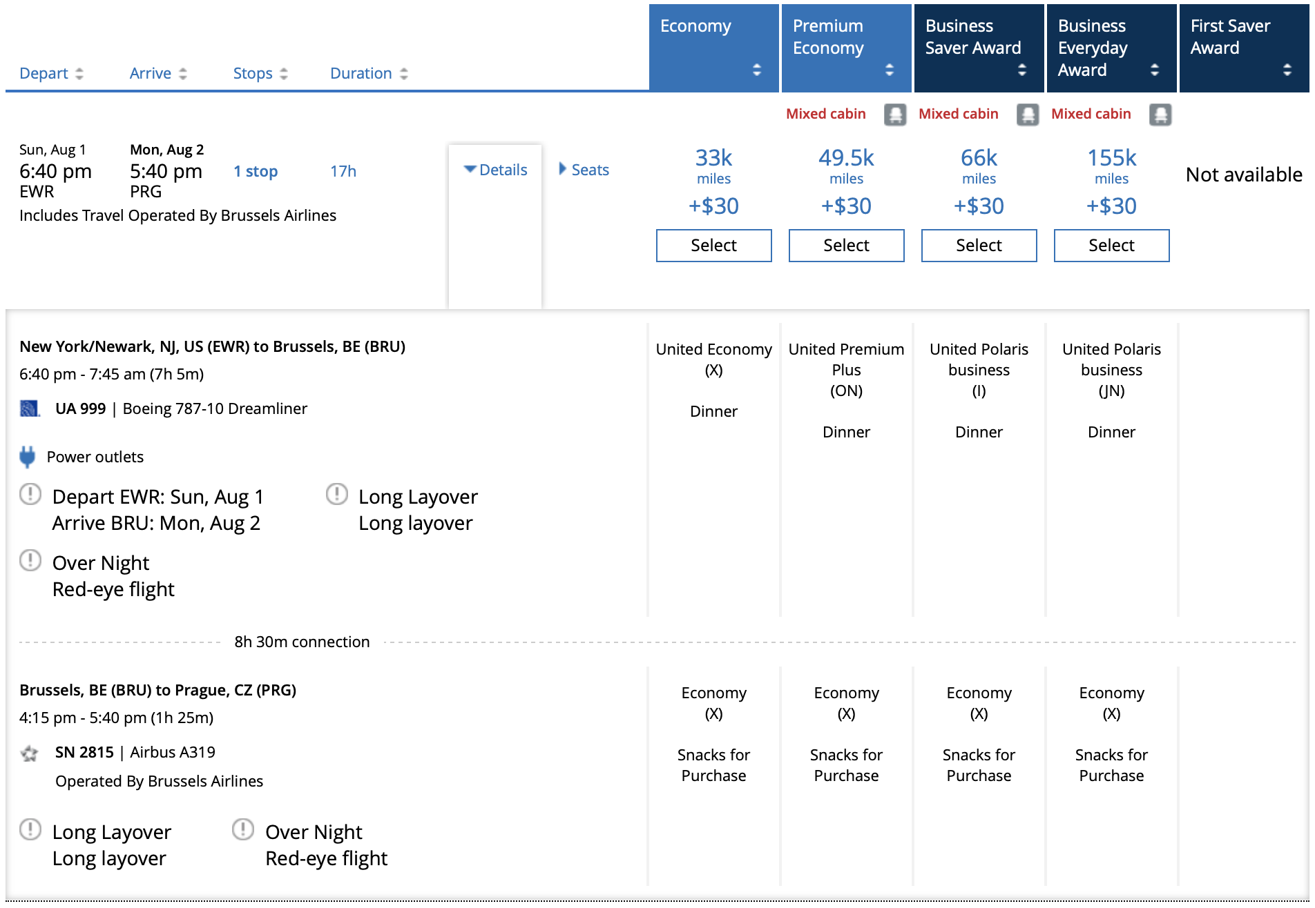 United award ticket EWR to PRG via BRU