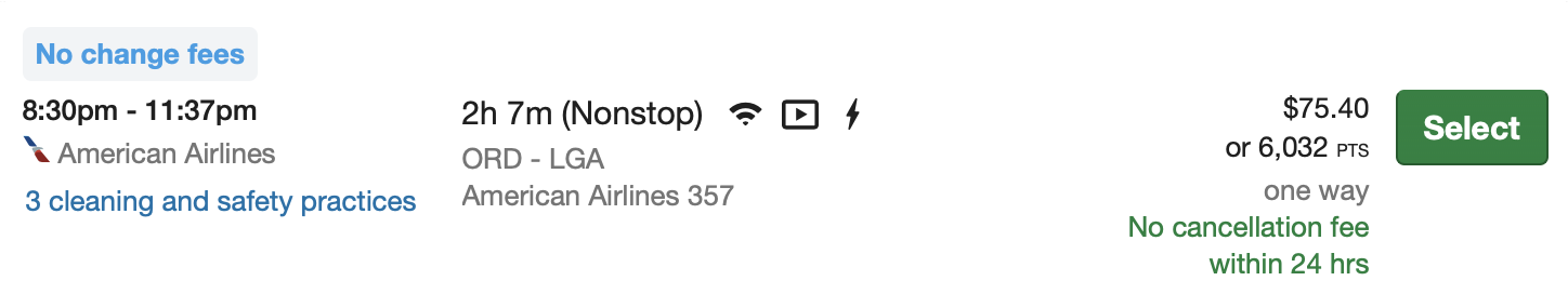 Viewing ORD LGA flight on the Chase travel portal