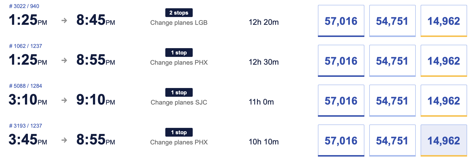 Viewing Southwest award flight options