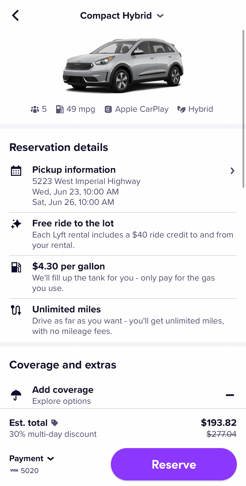 Viewing the rental car confirmation page in the Lyft app