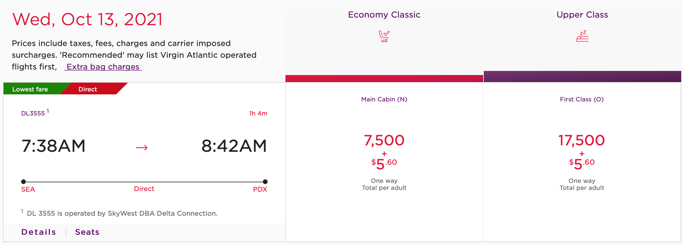 Virgin Atlantic award on Delta from SEA to PDX