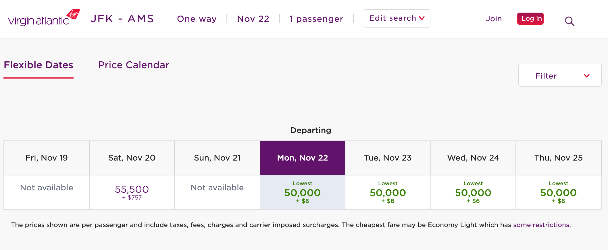 Virgin Atlantic availability