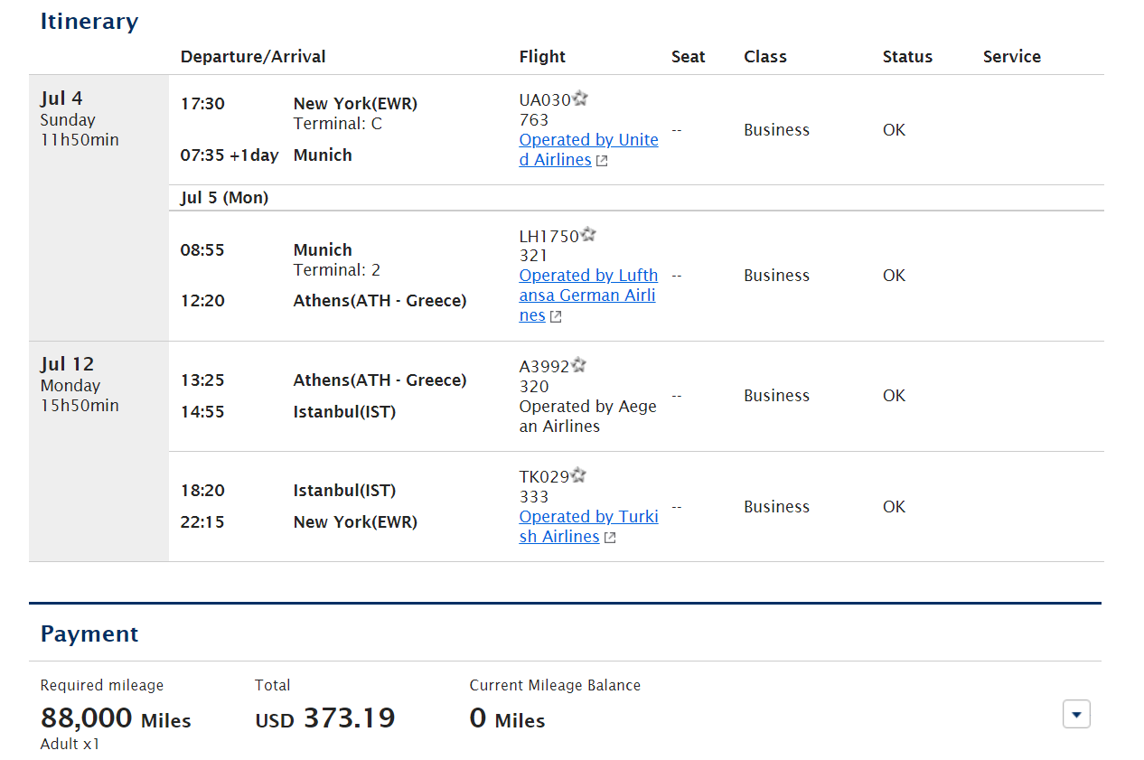 Booking an award through ANA