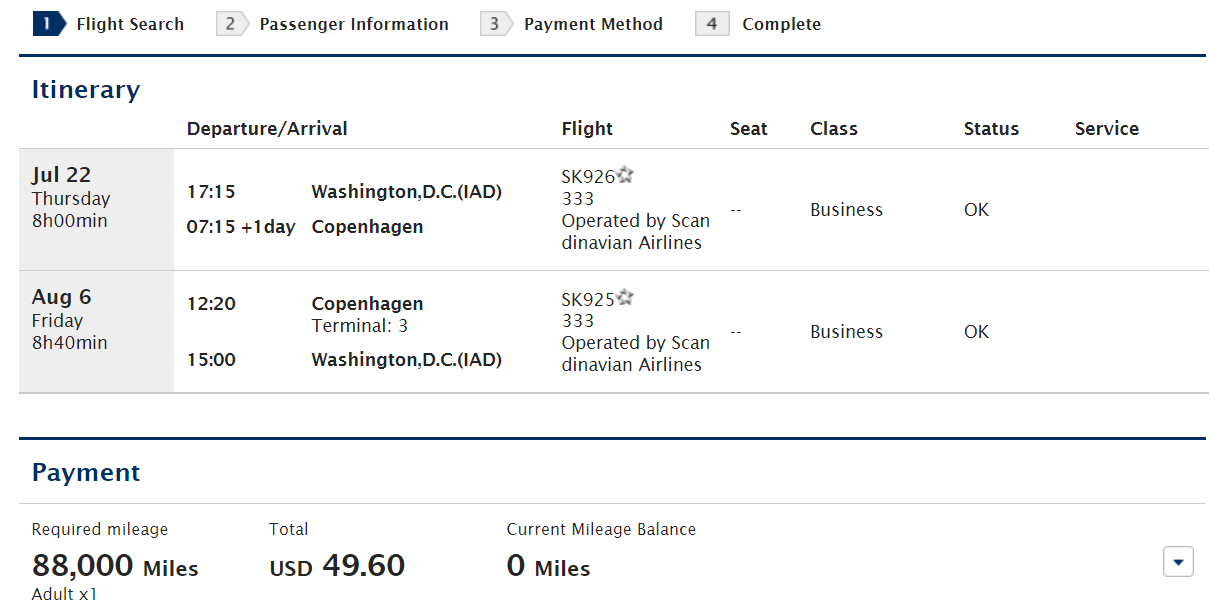 Award pricing through ANA Mileage Club for business class