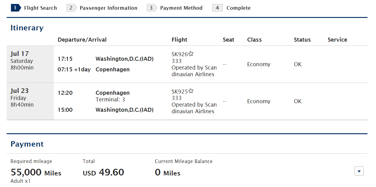 Award pricing through ANA Mileage Club for economy class