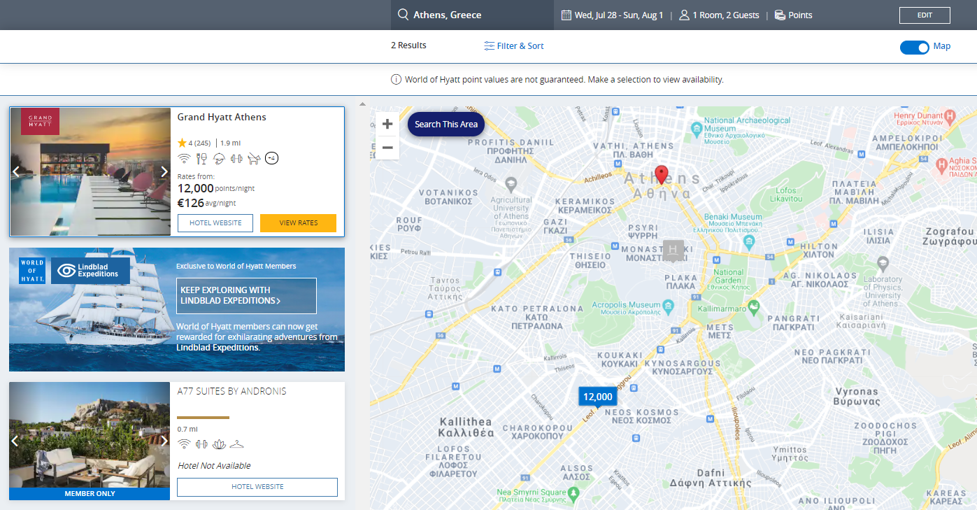 Hyatt award map for Athens Greece