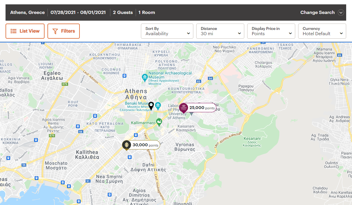 IHG award map for Athens Greece
