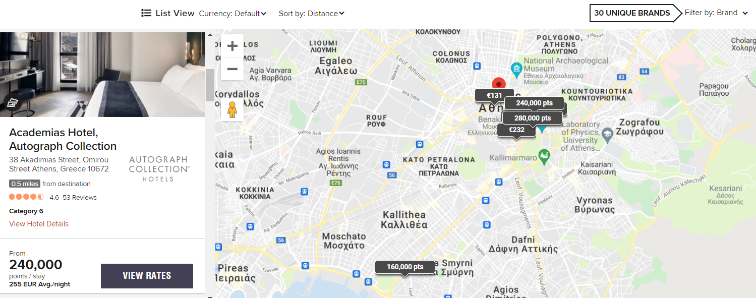 Marriott award map for Athens Greece