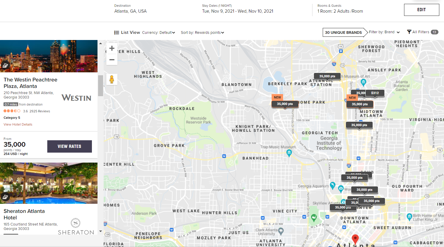 Marriott award map for Atlanta