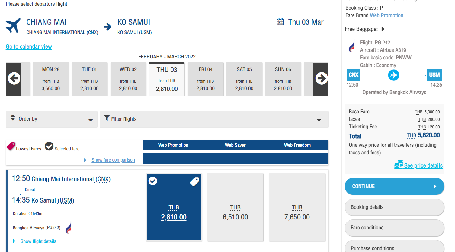 Sample pricing for Bangkok Airways flight