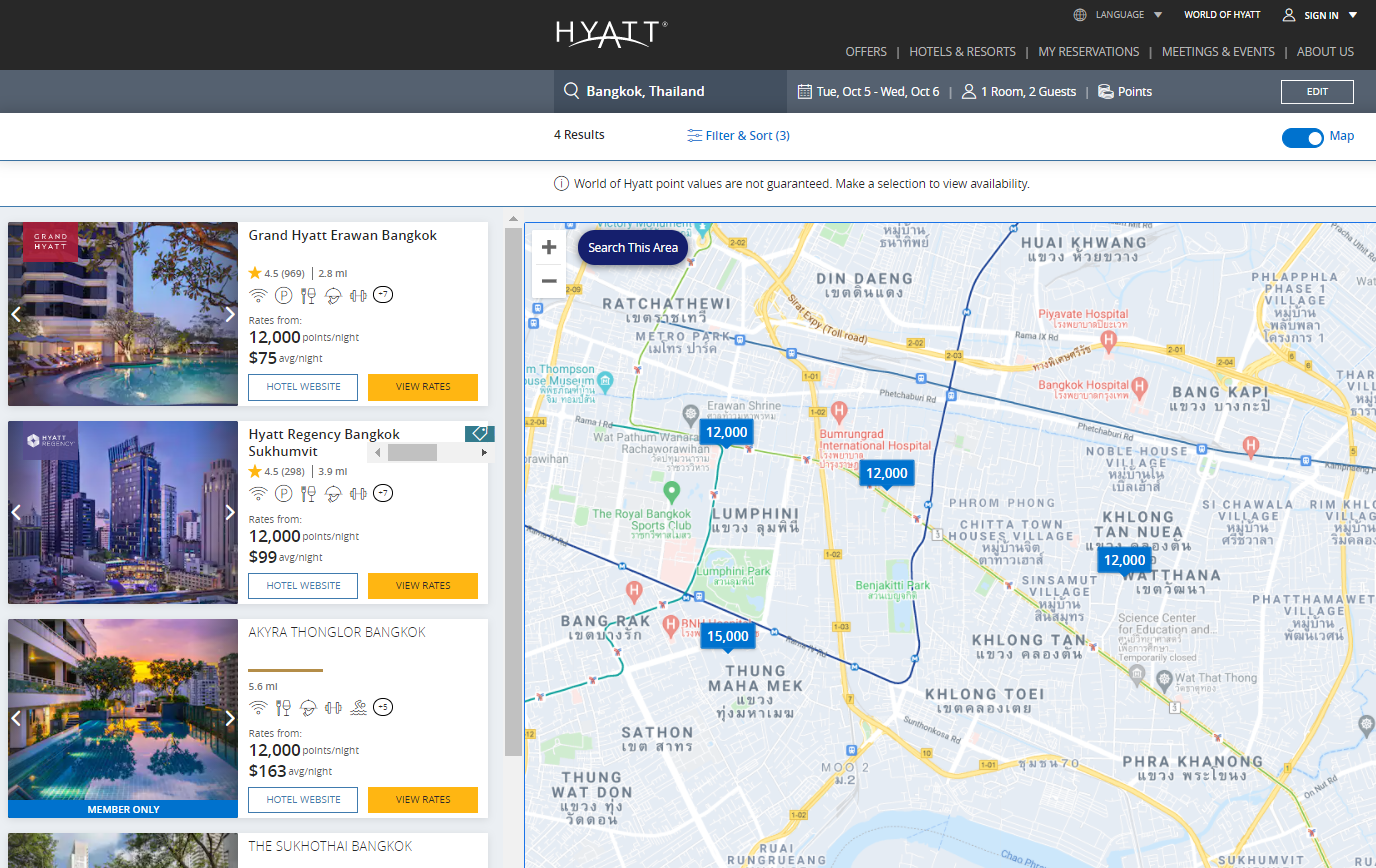 Hyatt award map for Bangkok