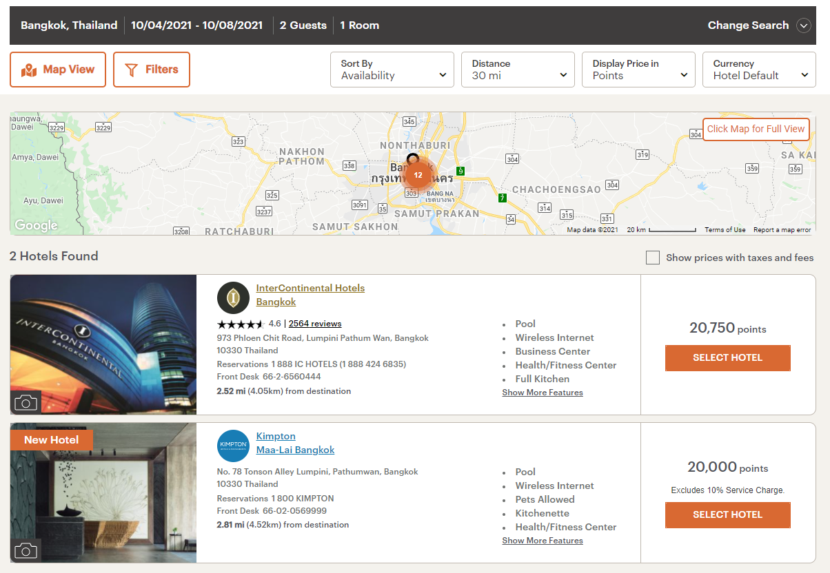 IHG luxury award options in Bangkok