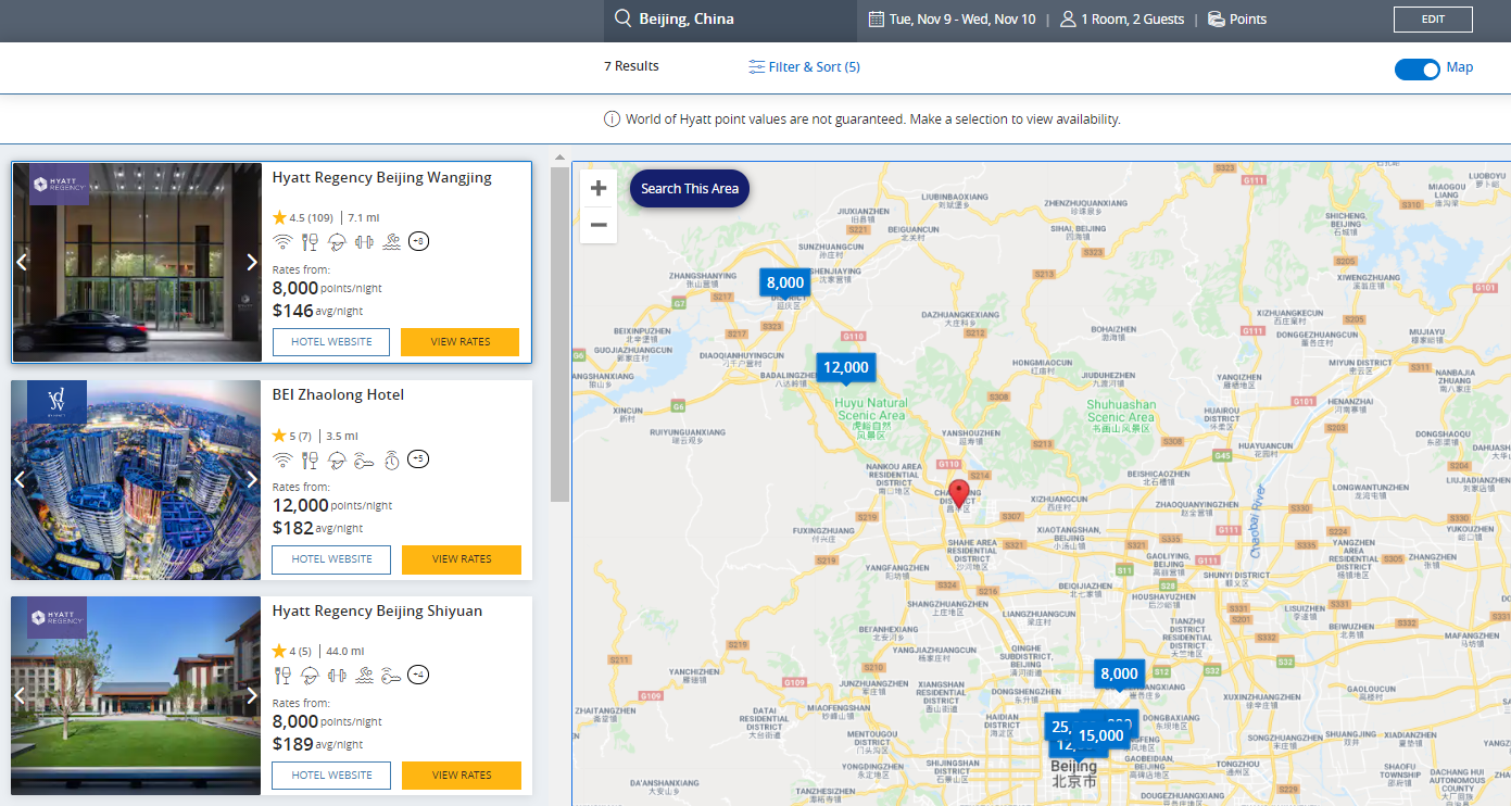 Hyatt award map for Beijing