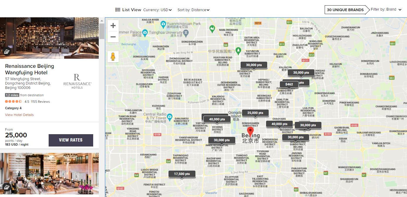 Marriott award map for Beijing