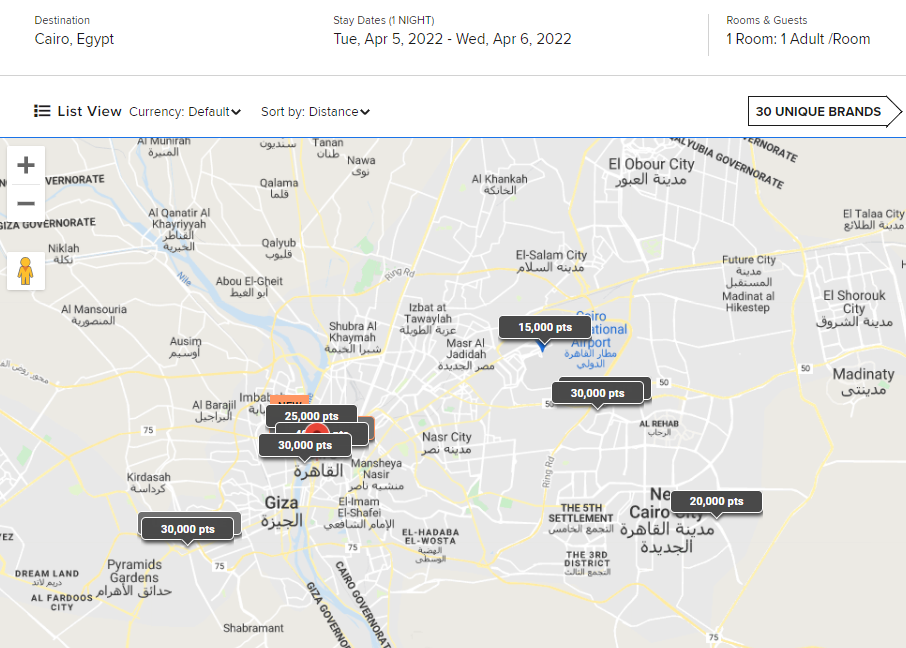 Marriott award night map for Cairo