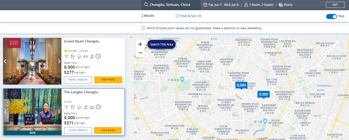 Hyatt award map for Chengdu