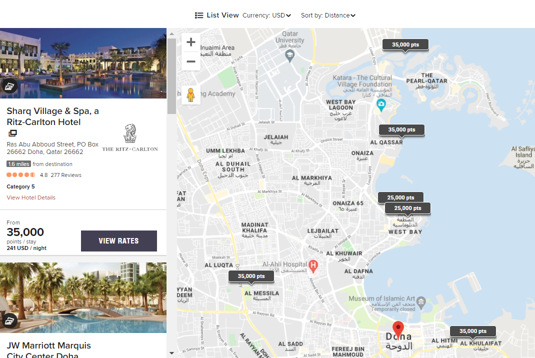 Marriott award map for Doha