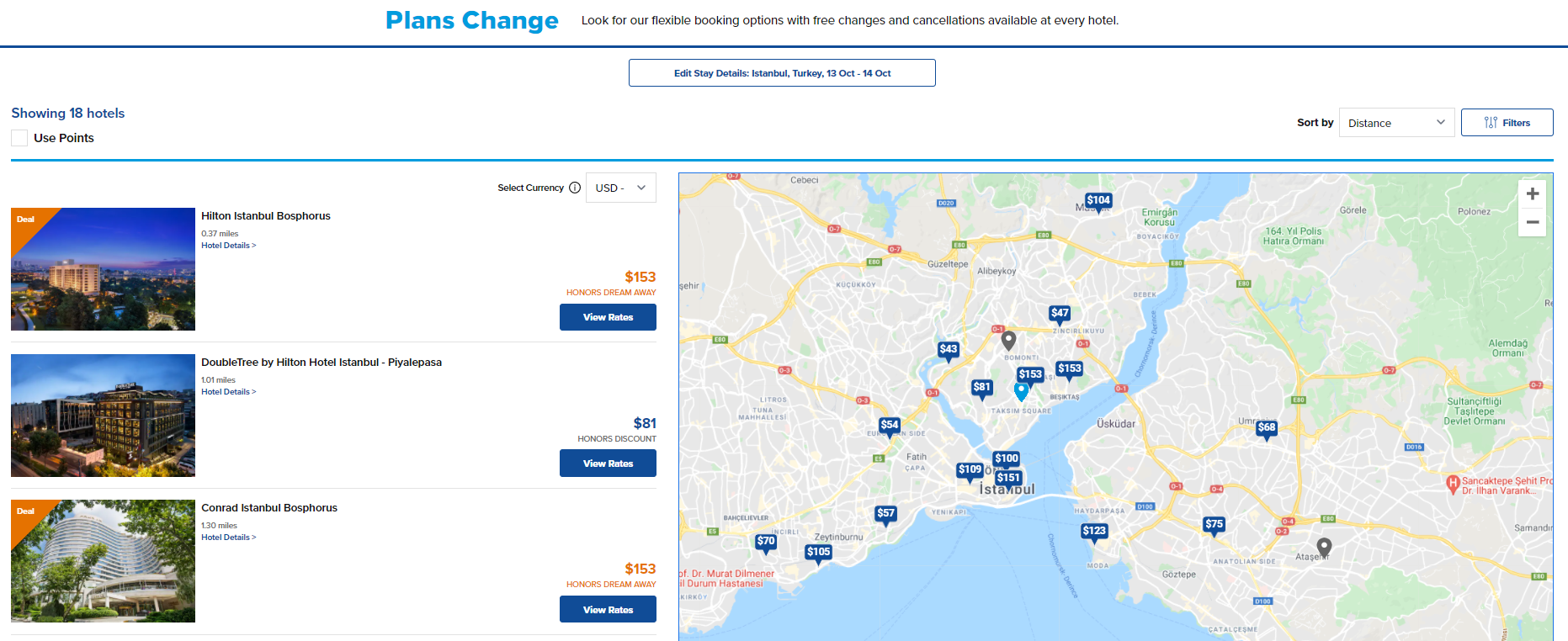 Hilton pricing map for Istanbul
