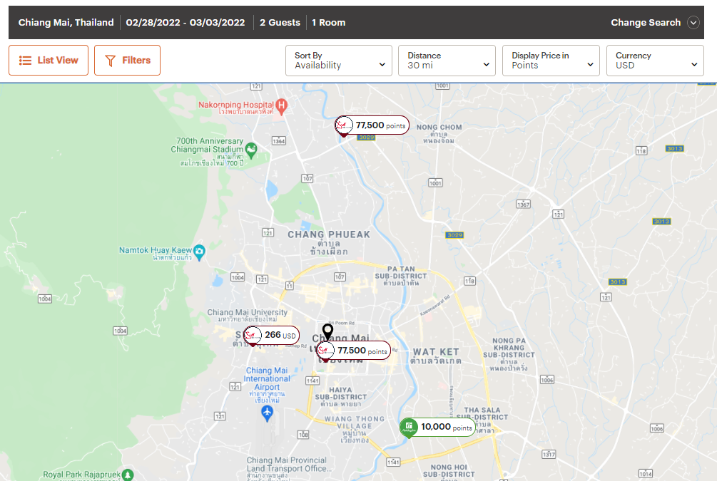 IHG award night map for Chiang Mai
