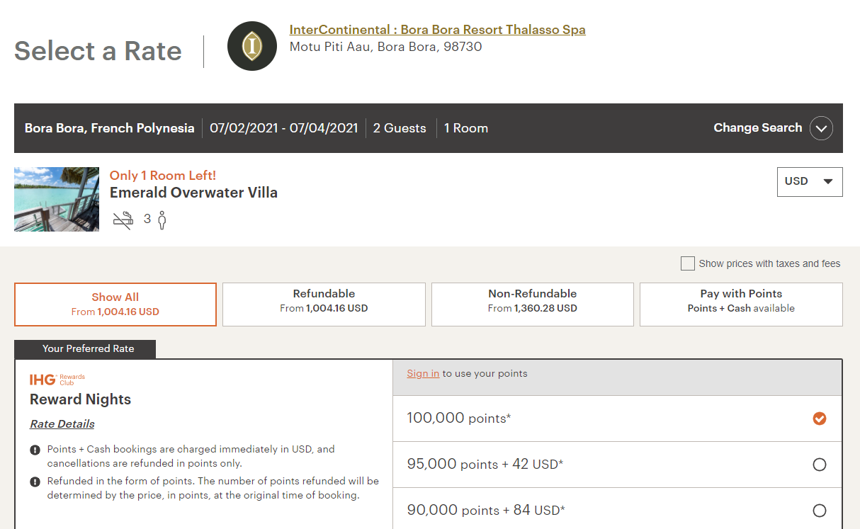 Using IHG points to book in Bora Bora