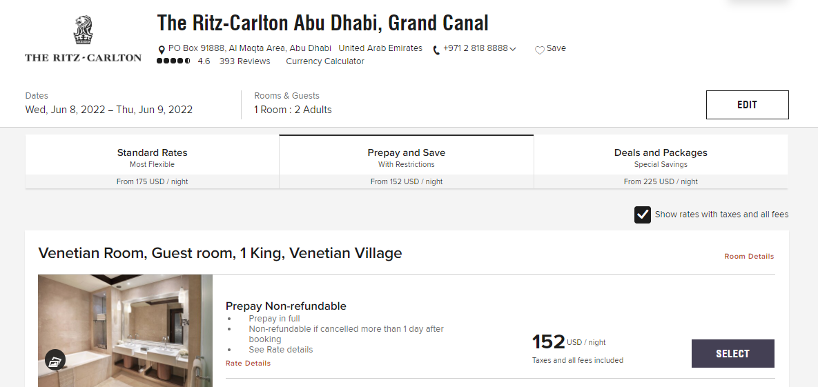 Rates example for The Ritz-Carlton Abu Dhabi, Grand Canal