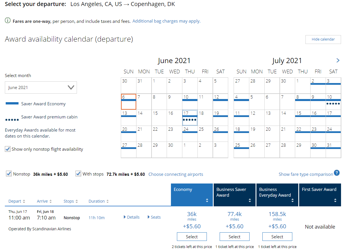 United award search for non-stop flights from LAX to CPH