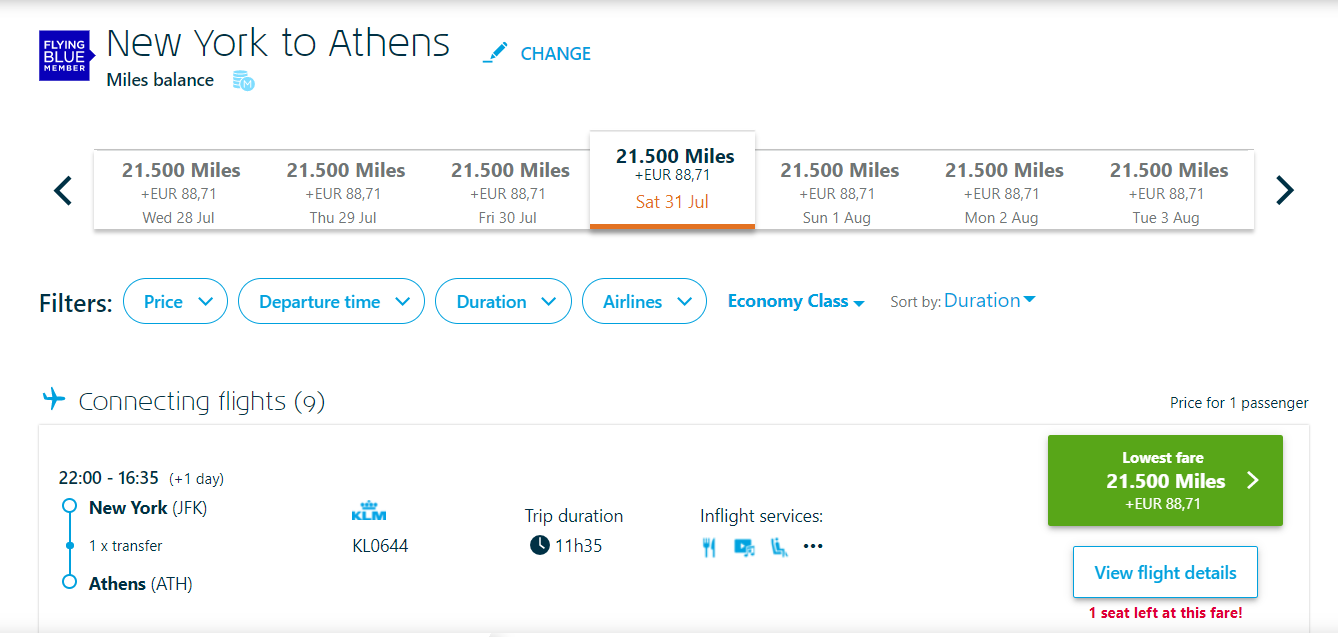Flying Blue award availability from New York to Athens this summer