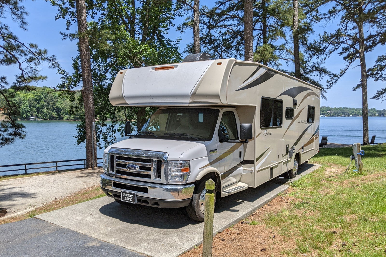 RV in a campground by a lake