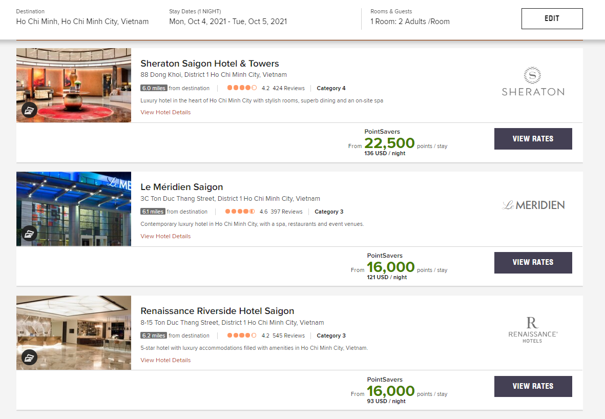 Marriott luxury award choices in Saigon