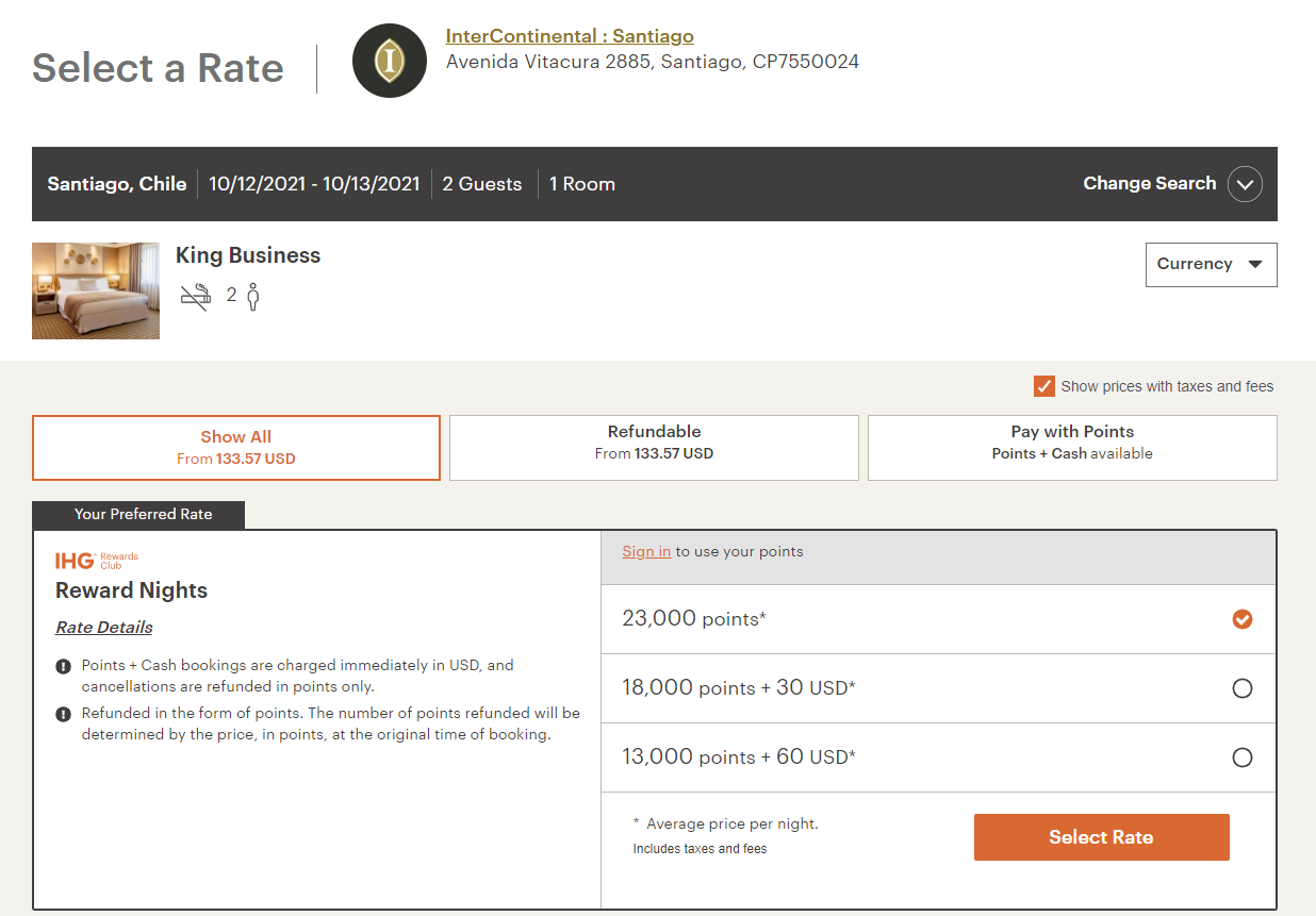 IHG award booking for Santiago