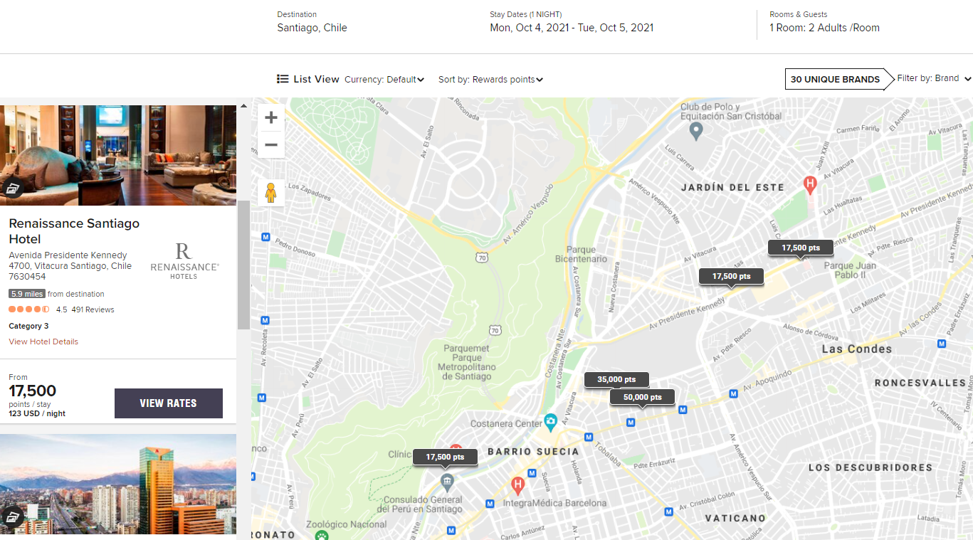 Marriott award map for Santiago