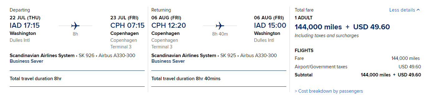 Award pricing for a Singapore KrisFlyer round trip business award