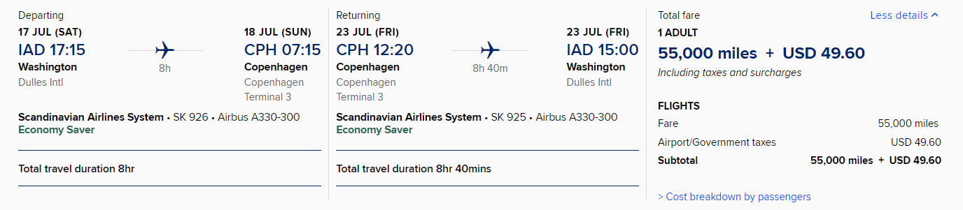 Award pricing for a Singapore KrisFlyer round trip economy award