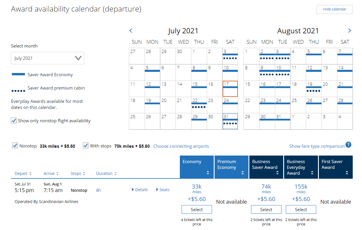 United calendar search for non-stop saver awards