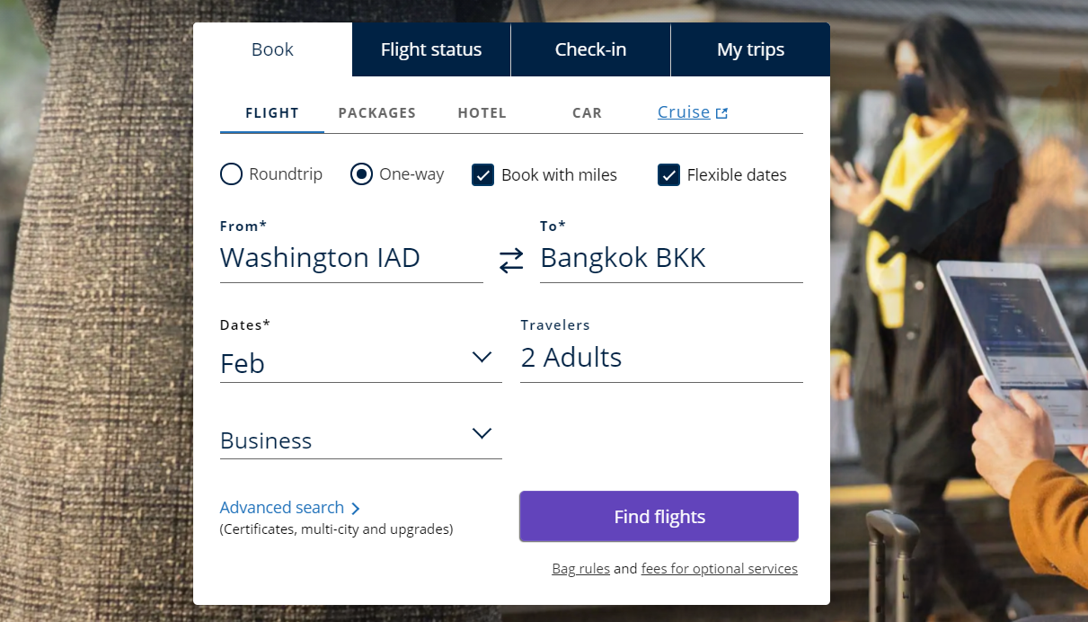 Booking an award on United's website