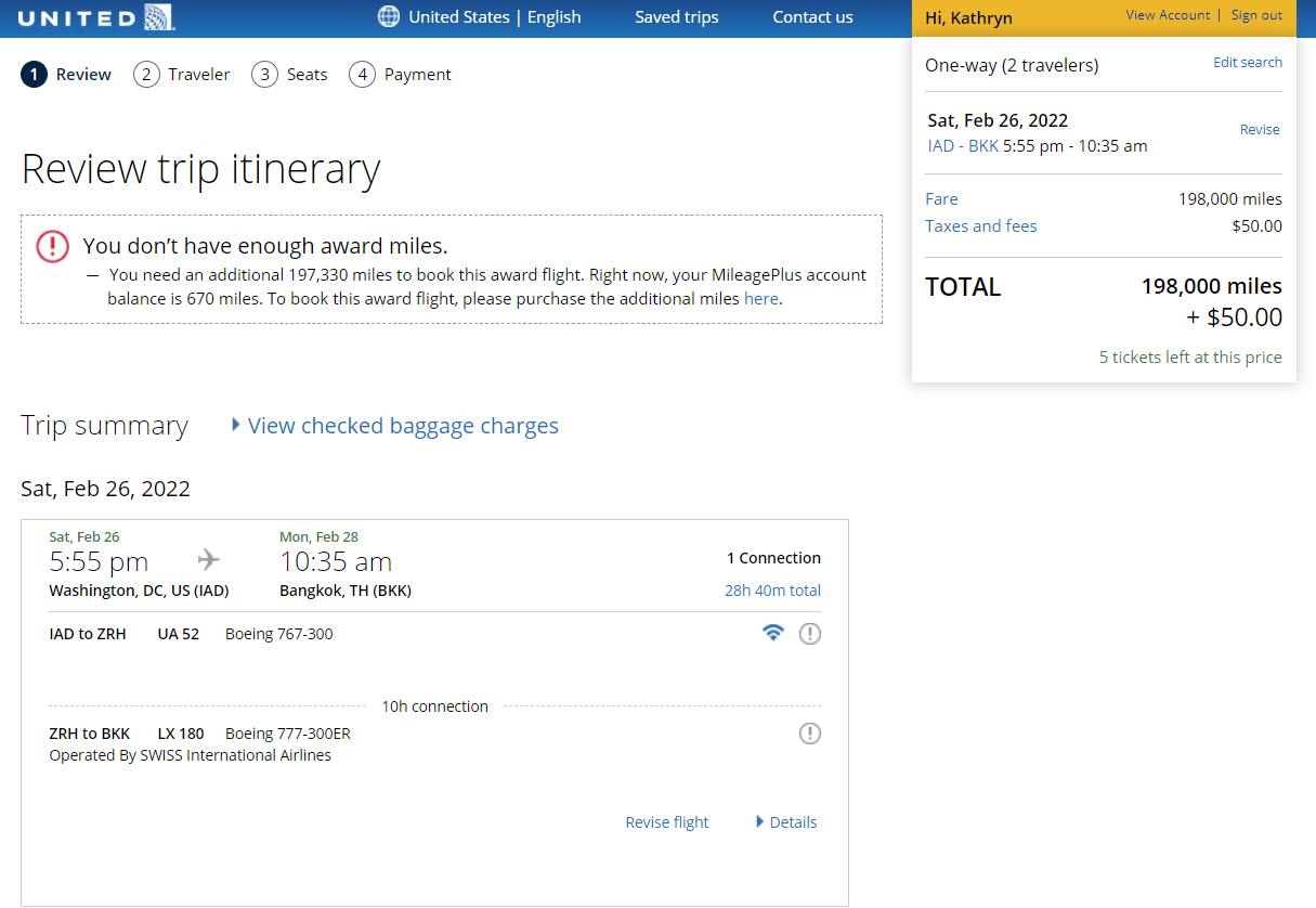 Booking an award on United's website