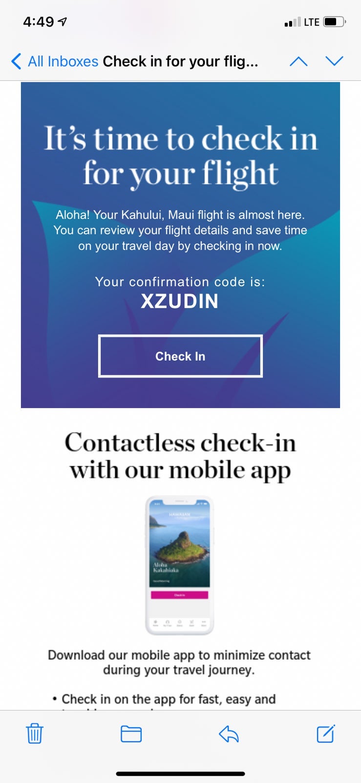 Hawaiian Airlines check-in screen on app.