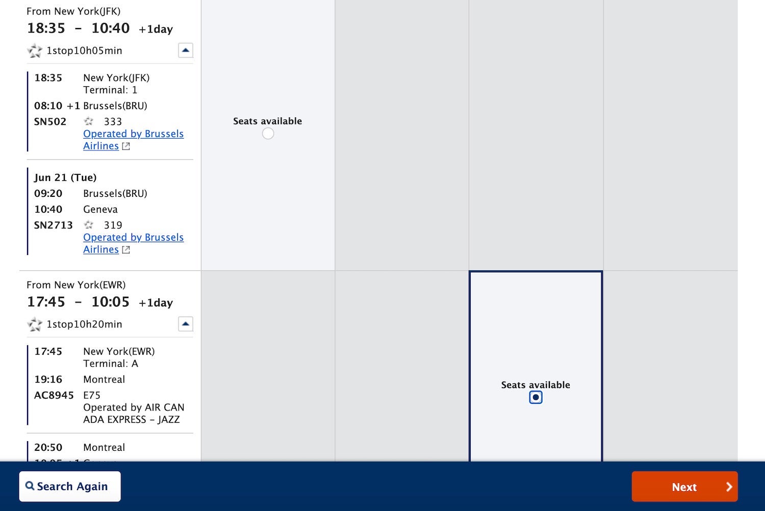 ANA award booking page JFK-GVA