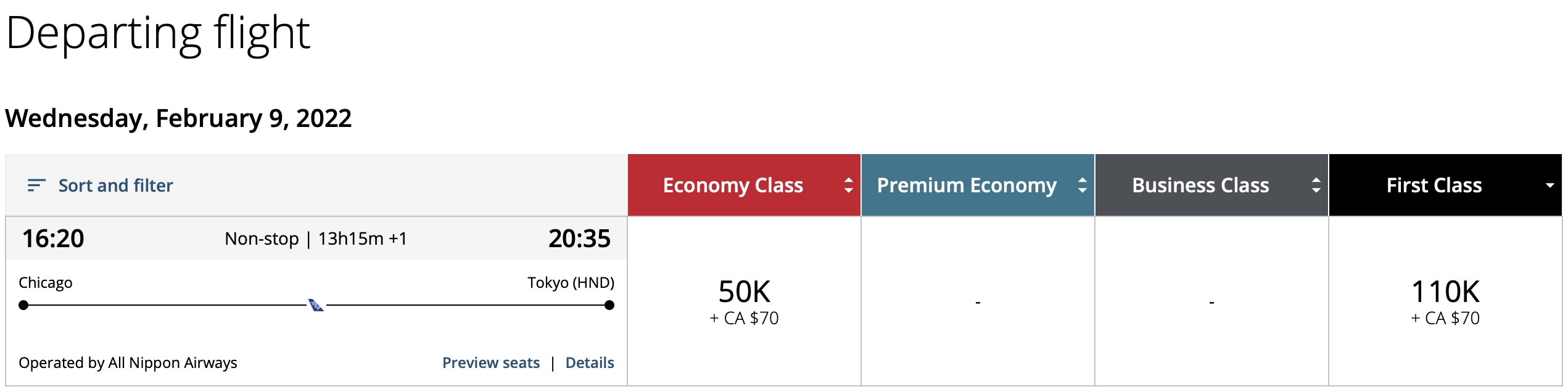 ANA award space on Air Canada's website