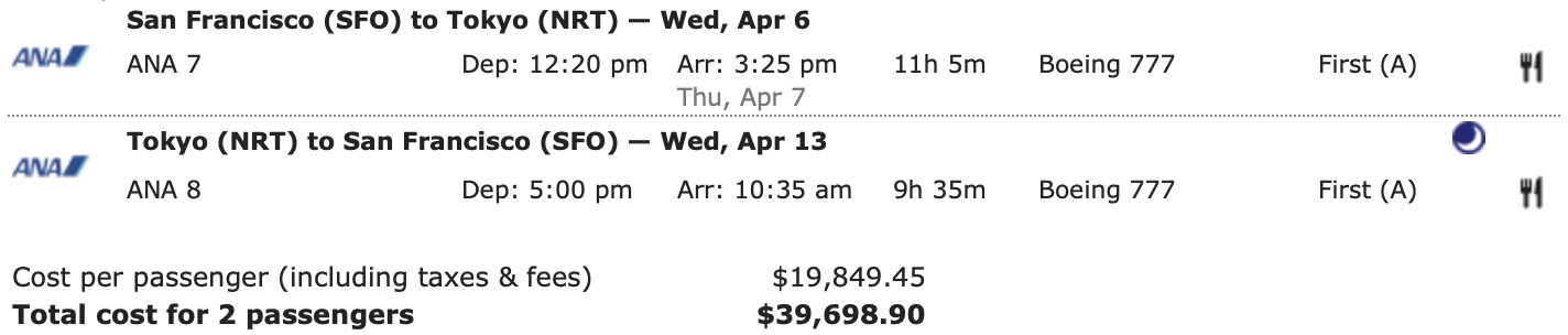ANA first class tickets for two from SFO to NRT on ITA Matrix