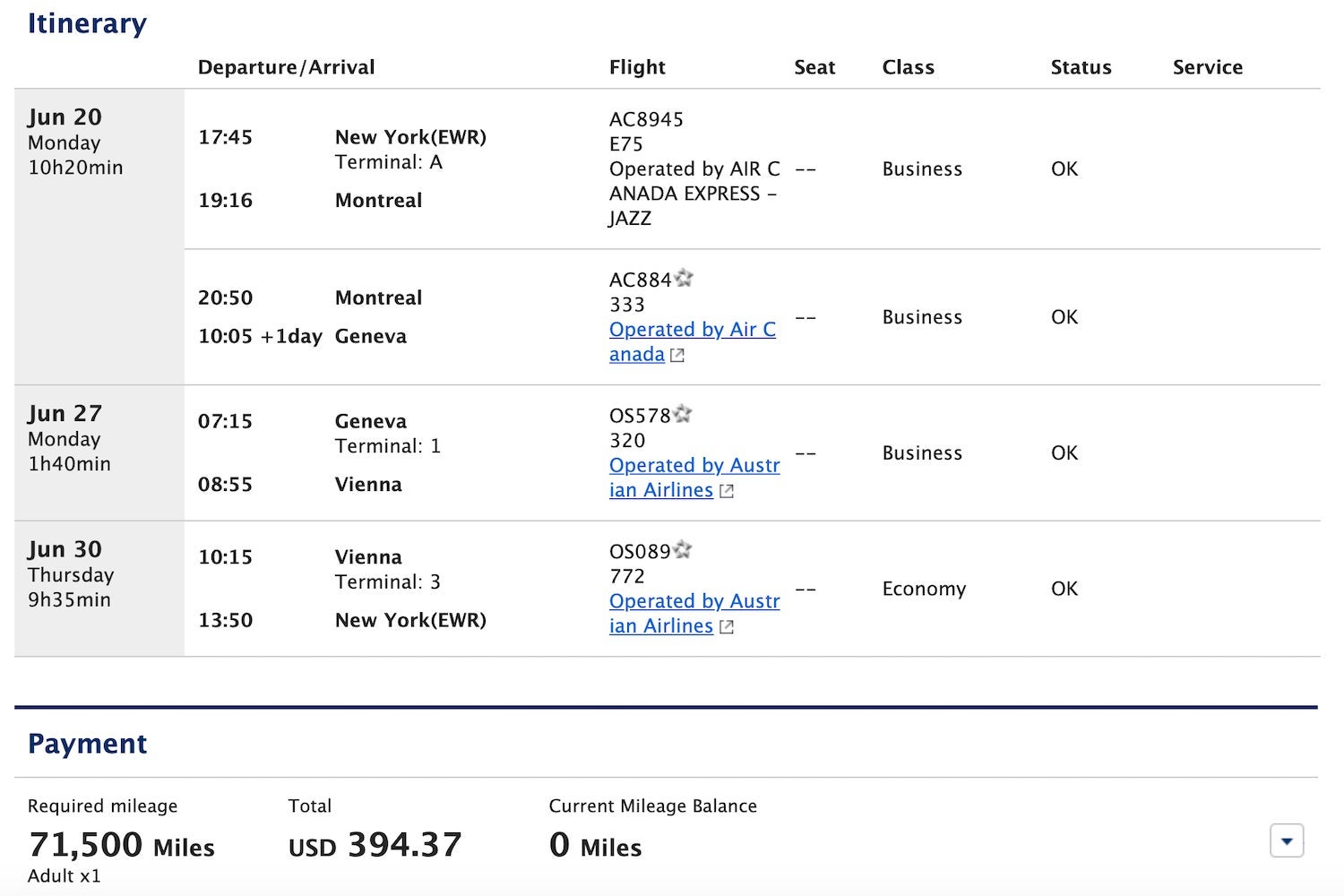 ANA mixed cabin award JFK-GVA-VIE