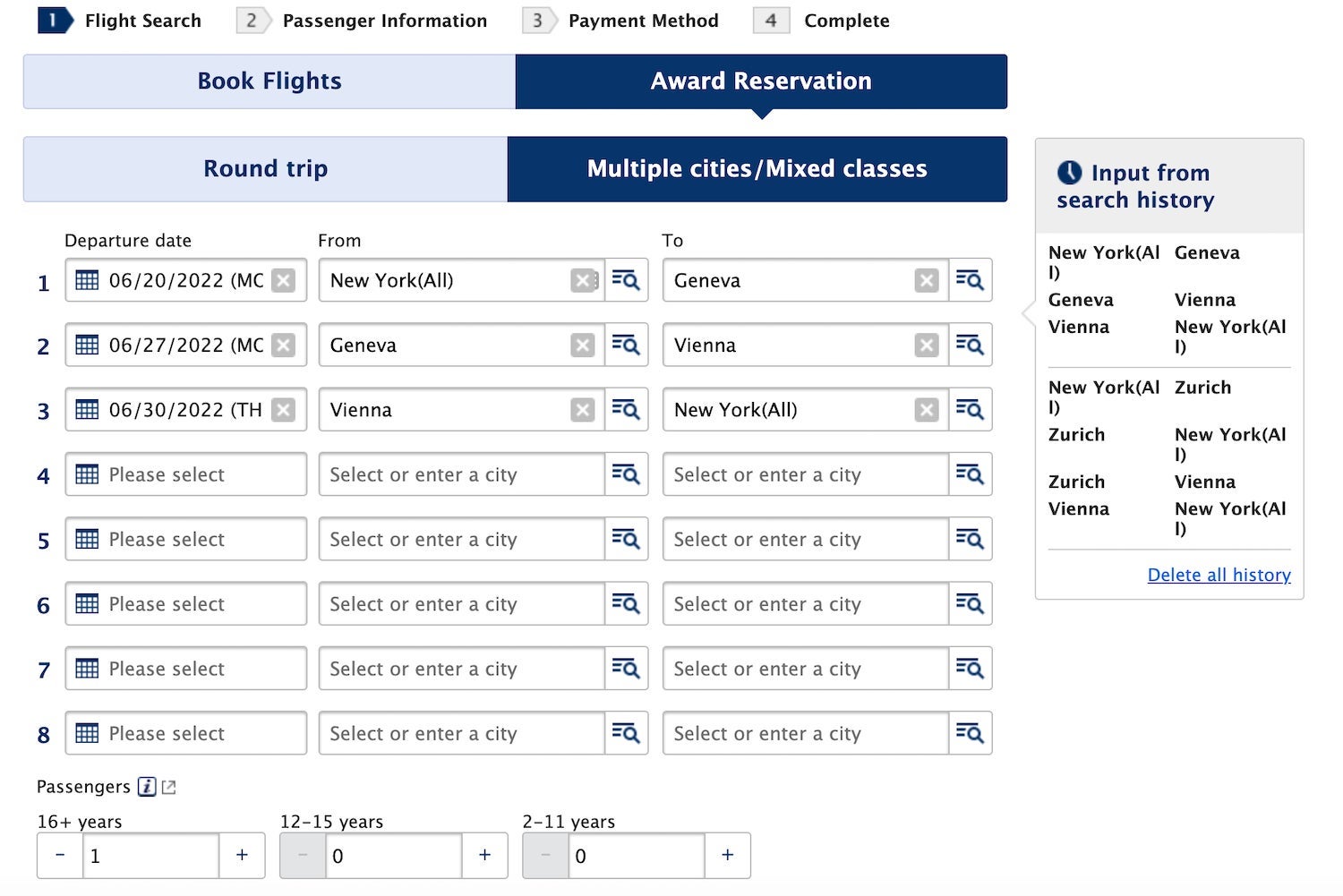 ANA multi-city award search