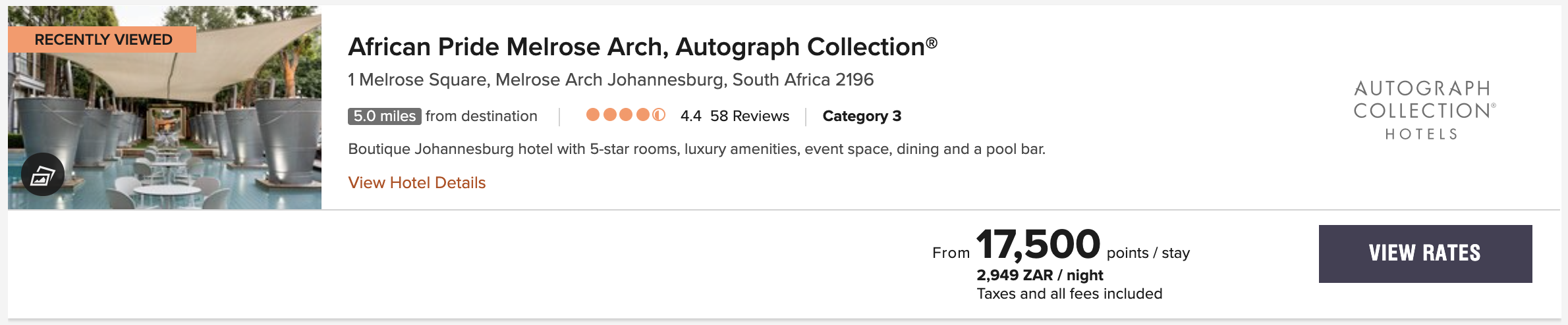 African Pride Melrose Arch, Autograph Collection points price