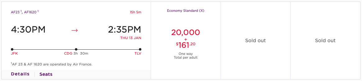 Air France award pricing JFK to TLV via CDG with Virgin points