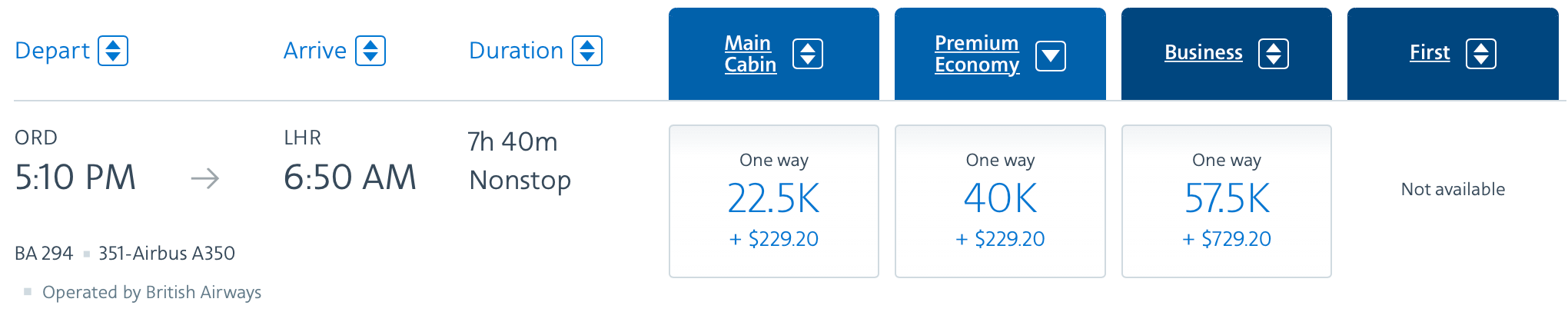 BA award ticket ORD to LHR on AA website