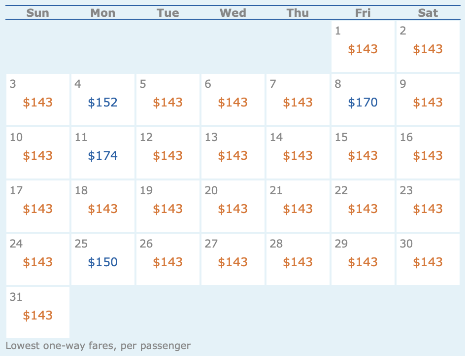 Chicago to Toronto flight price calendar on ITA Matrix