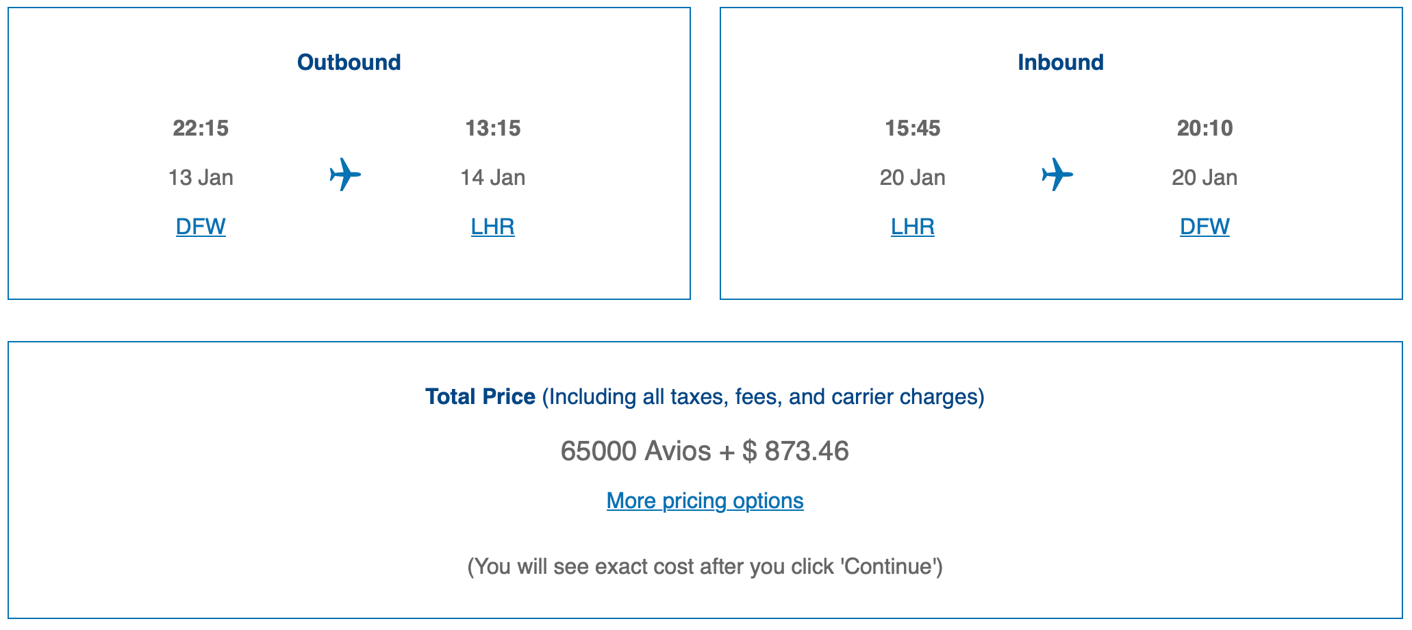 DFW to LHR BA award ticket