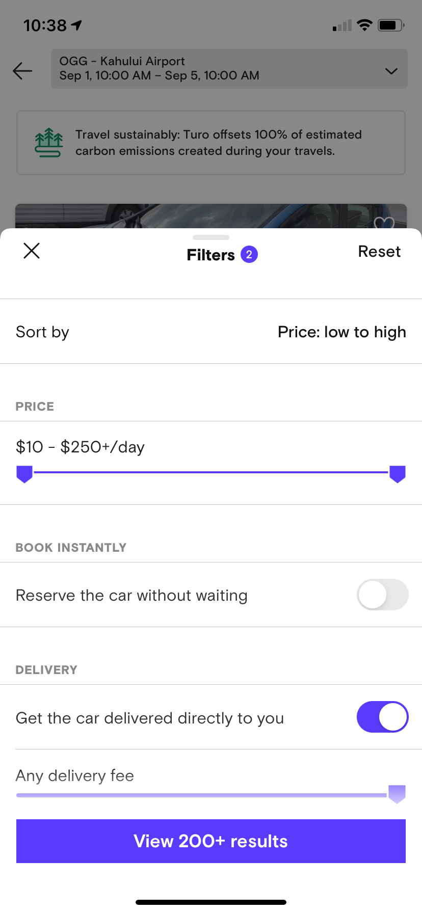 Filter options on Turo. (Screenshot courtesy Turo)