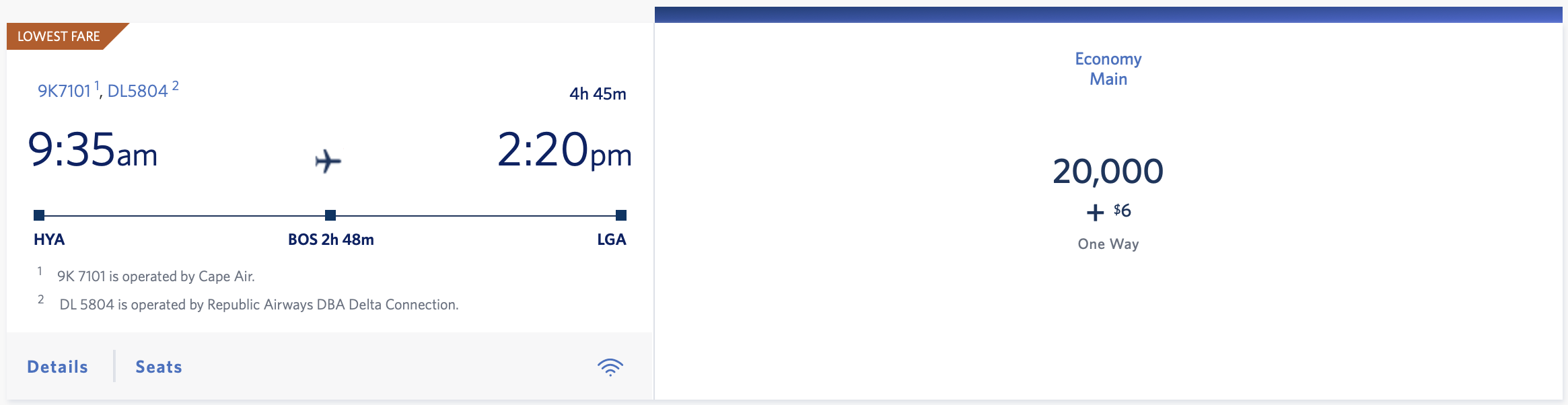 HYA to LGA SkyMiles award ticket